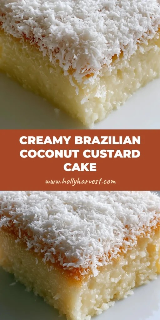 Brazilian Coconut Custard Cake: The Ultimate Fudgy Catch a Husband Cake 4 A square slice of Brazilian Coconut Custard Cake with a thick layer of shredded coconut on a white plate.