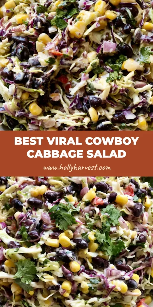 A top-down view of a Cowboy Cabbage Salad in a white ceramic bowl on a grey countertop, showing vibrant red and green cabbage, corn, and black beans.