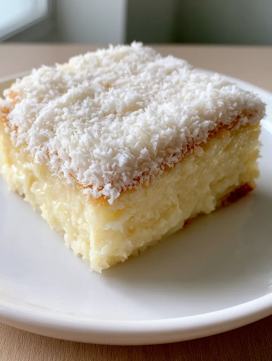 Brazilian Coconut Custard Cake: The Ultimate Fudgy Catch a Husband Cake 3 Handheld photo of a Brazilian Coconut Custard Cake slice on a minimalist white ceramic plate.