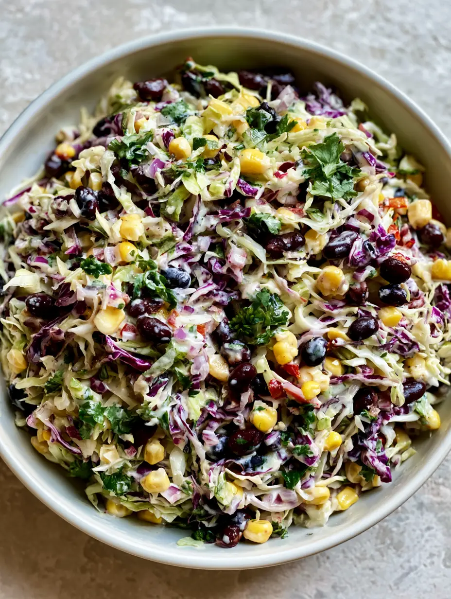 Close-up high-angle shot of Cowboy Cabbage Salad showing the creamy white lime dressing lightly coating shredded purple and green cabbage.