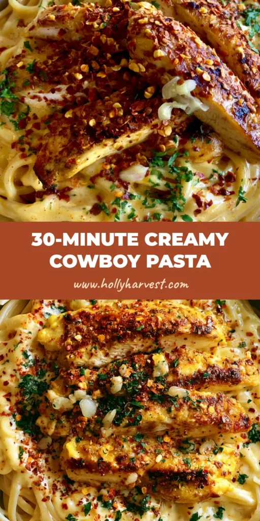 Cowboy Butter Chicken Linguine with Zesty Garlic Cream Sauce 4 A high-angle photo of Cowboy Butter Chicken Linguine in a ceramic bowl, showing glossy golden sauce and seared chicken.
