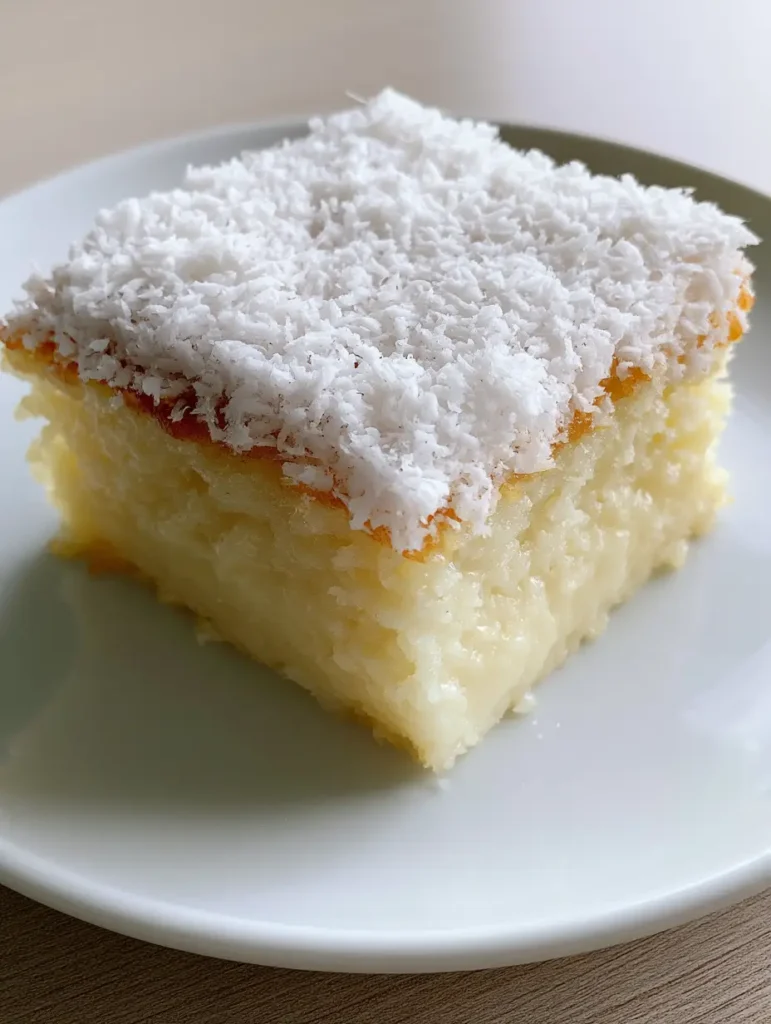 Brazilian Coconut Custard Cake: The Ultimate Fudgy Catch a Husband Cake 1 Overhead view of a Brazilian Coconut Custard Cake square with snowy white coconut flakes.