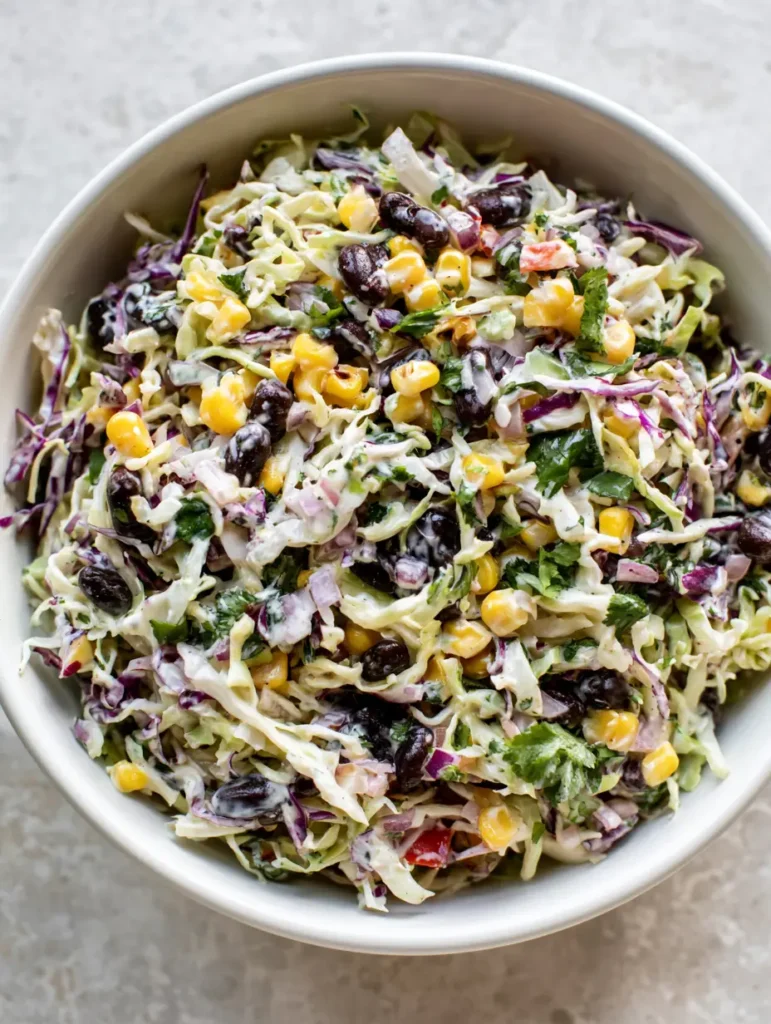 High-angle unedited smartphone photo of Cowboy Cabbage Salad with sweet corn, black beans, and red bell peppers in a white bowl.