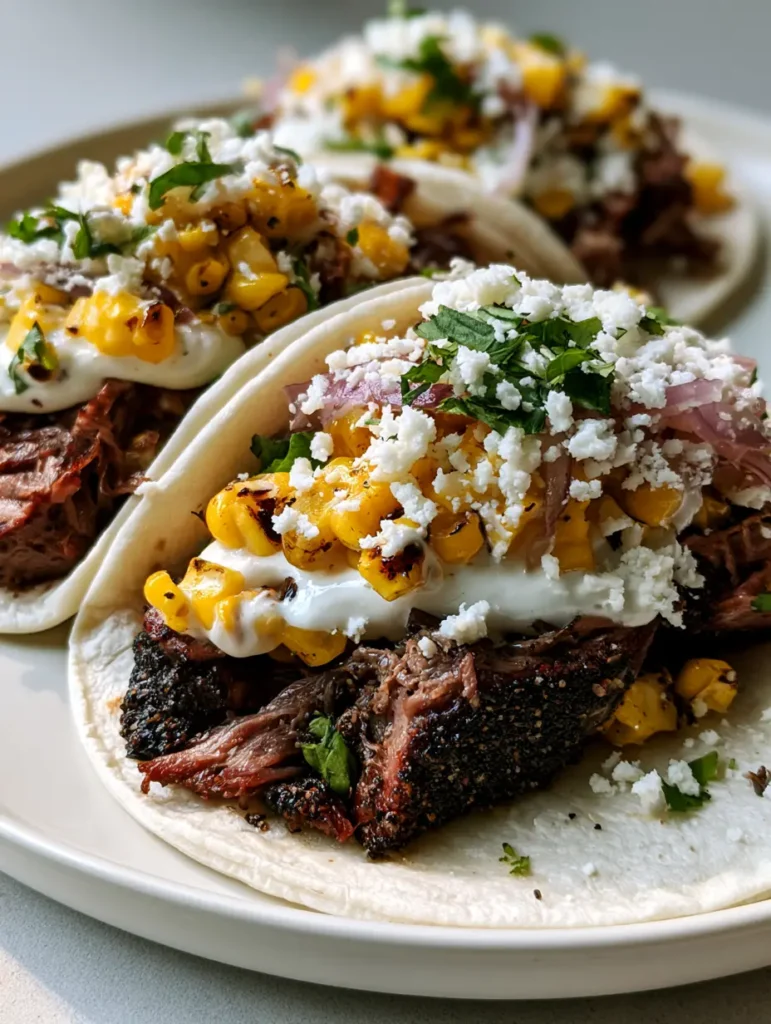 Handheld smartphone shot of three Brisket Elote Tacos with creamy white crema and red onion slivers.