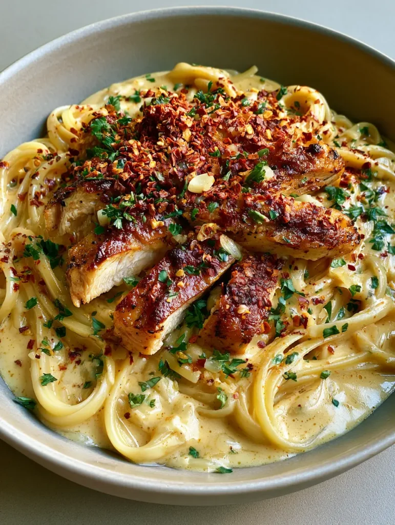 A handheld smartphone photo of Cowboy Butter Chicken Linguine featuring thick pale-golden sauce and caramelized chicken edges.