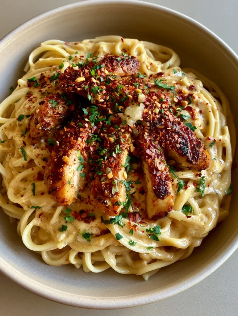 Cowboy Butter Chicken Linguine with Zesty Garlic Cream Sauce 1 Close up of Cowboy Butter Chicken Linguine garnished with parsley, red pepper flakes, and translucent garlic bits.