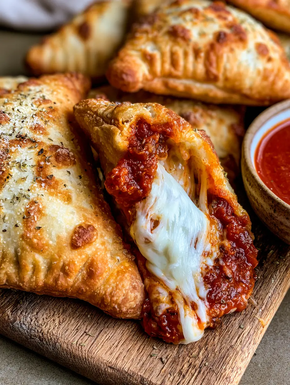 Artisanal Homemade Pizza Pockets showing flaky dough, toasted spots, and chunky red marinara sauce inside.