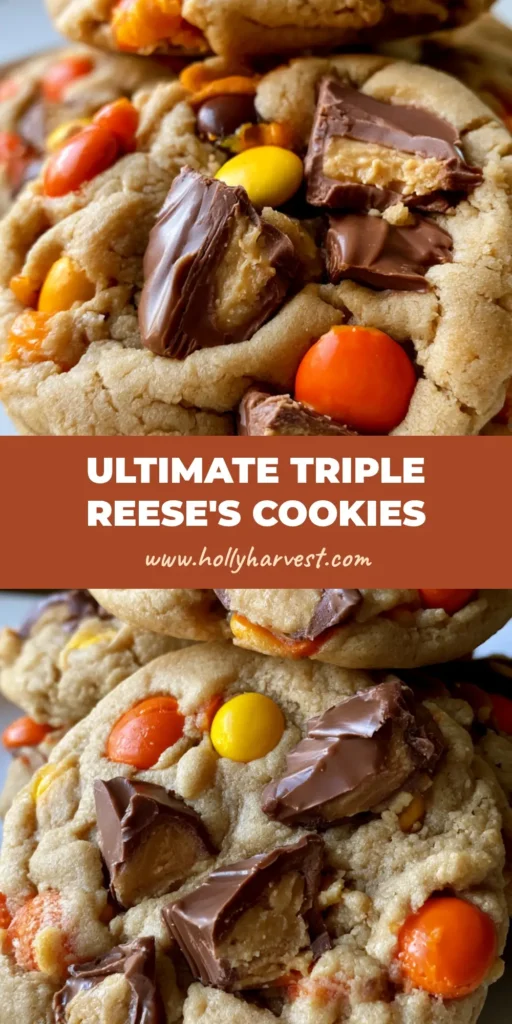 A stack of thick Reese's Peanut Butter Cookies on a white plate, showing orange, yellow, and brown candy shells and melted chocolate chunks.