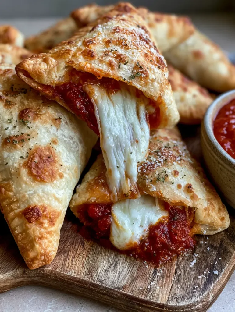 Triangular Homemade Pizza Pockets dusted with parmesan and oregano on a rustic wooden board with a side of dipping sauce.
