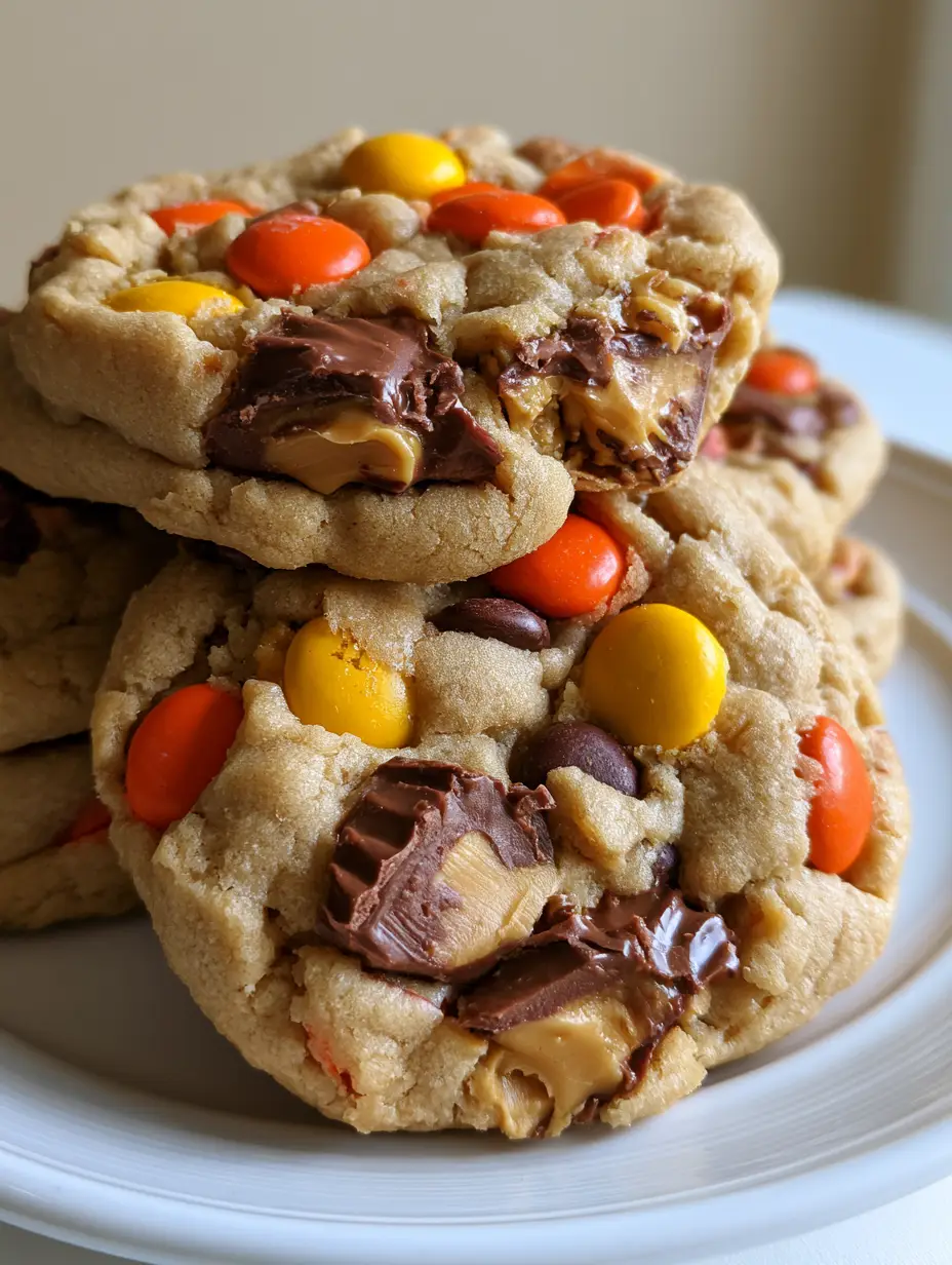 A close-up handheld smartphone photo of thick, soft-baked Reese's Peanut Butter Cookies with cracked golden-tan edges.