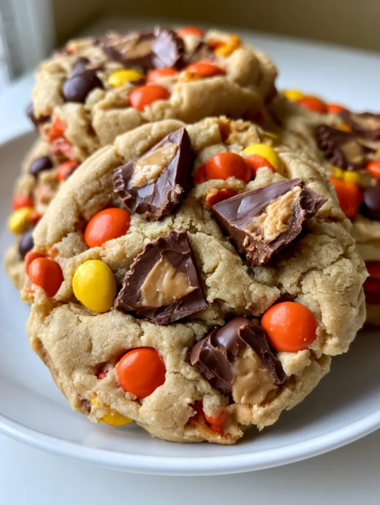 Thick peanut butter cookies stacked on a white ceramic plate showing creamy peanut butter cup centers and glossy chocolate bits.