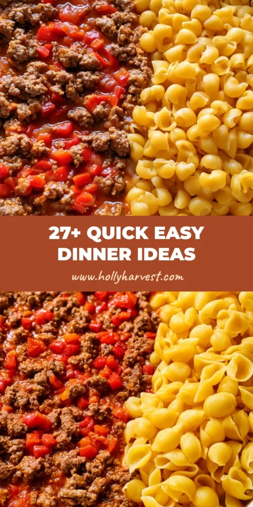 Easy Dinner Recipes: One-Pan Skillet Beef and Shells with Roasted Peppers 4 A top-down view of a white ceramic skillet containing browned ground beef, red peppers, and yellow pasta shells in a glossy sauce. (Easy Dinner Recipes)