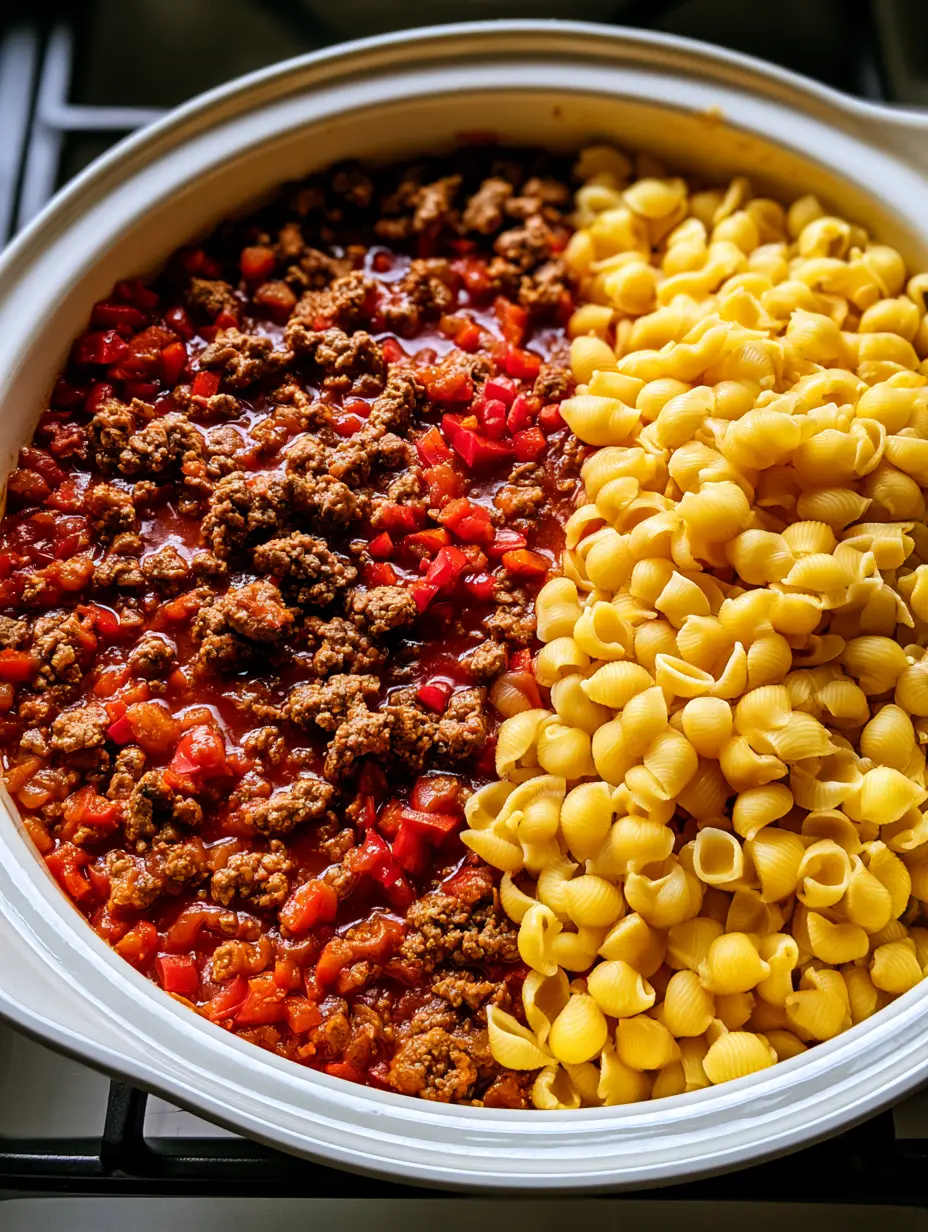 Easy Dinner Recipes: One-Pan Skillet Beef and Shells with Roasted Peppers 3 High-angle smartphone photo of a white skillet on a black stove showing glossy beef sauce and yellow pasta shells. (Easy Dinner Recipes)