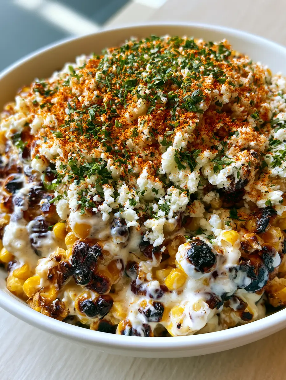 Top-down handheld photo of Mexican Street Corn Salad in a white ceramic bowl showing charred yellow corn kernels and thick white sauce. (Mexican Street Corn Salad)