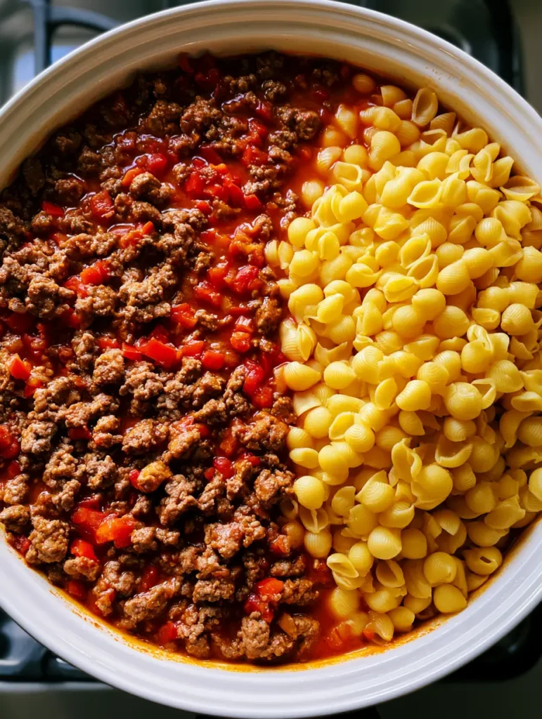 Easy Dinner Recipes: One-Pan Skillet Beef and Shells with Roasted Peppers 1 Close up of browned ground beef crumbles and diced red bell peppers in a white ceramic pan.