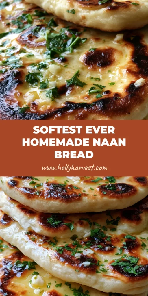 A stack of fluffy garlic naan bread with charred bubbles and fresh cilantro on a wooden board. (Homemade Naan Bread Recipe)