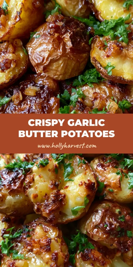 A towering pile of Garlic Butter Potatoes with blistered skins and toasted garlic bits in a white ceramic dish.