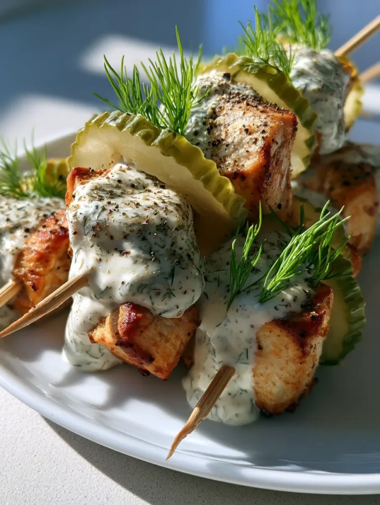 Dill Pickle Chicken Skewers with Creamy Ranch and Fresh Herbs 1 Close up of crinkle-cut pickles and air-fried chicken on wooden skewers coated in creamy ranch and black pepper.