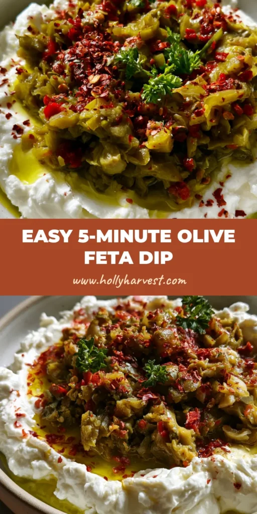 Green Olive Feta Dip: The Ultimate Creamy Mediterranean Appetizer 4 A close-up vertical shot of Green Olive Feta Dip in a ceramic bowl, showing the thick whipped base and chunky olive topping.