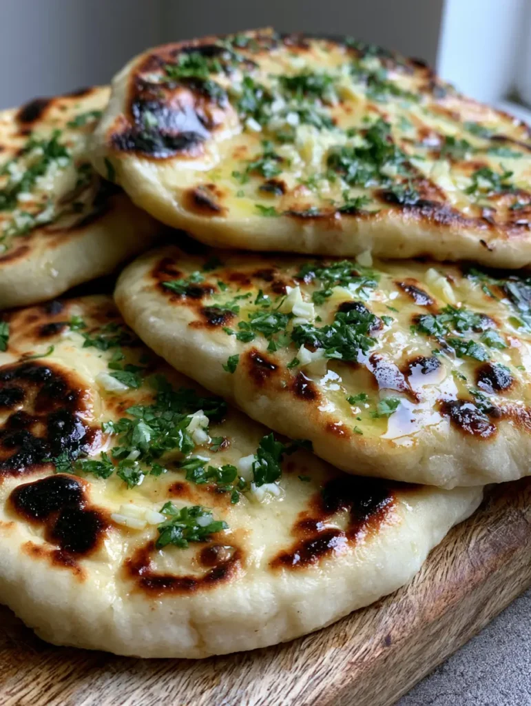 Handheld photo showing the soft texture and charred bubbles of a Homemade Naan Bread Recipe.