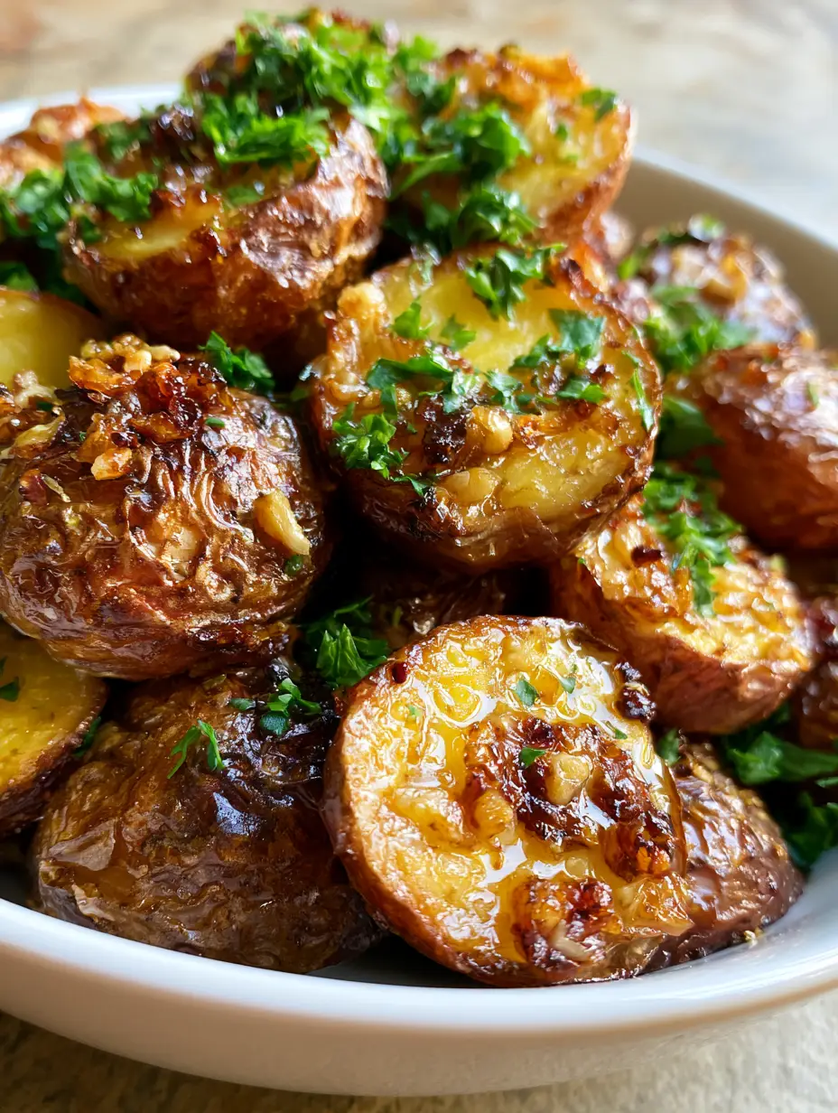Close up photo of roasted Garlic Butter Potatoes showing fluffy yellow interiors and golden brown edges.