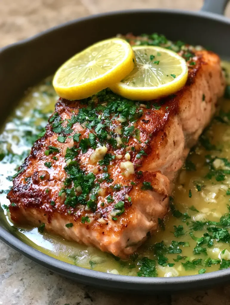 Lemon Garlic Butter Salmon: The Ultimate Crispy Pan-Seared Fillet 2 Close up of pan-seared Lemon Garlic Butter Salmon showing the flaky pink interior and glossy garlic butter sauce.
