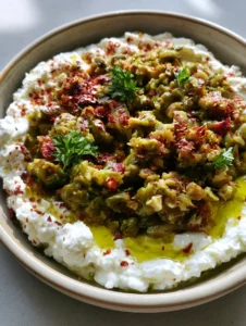 Overhead view of Green Olive Feta Dip in a shallow grey ceramic bowl with a drizzle of olive oil. (Green Olive Feta Dip)