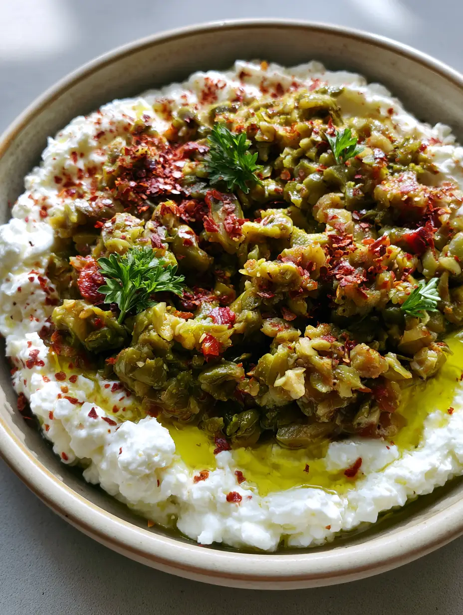 Overhead view of Green Olive Feta Dip in a shallow grey ceramic bowl with a drizzle of olive oil. (Green Olive Feta Dip)