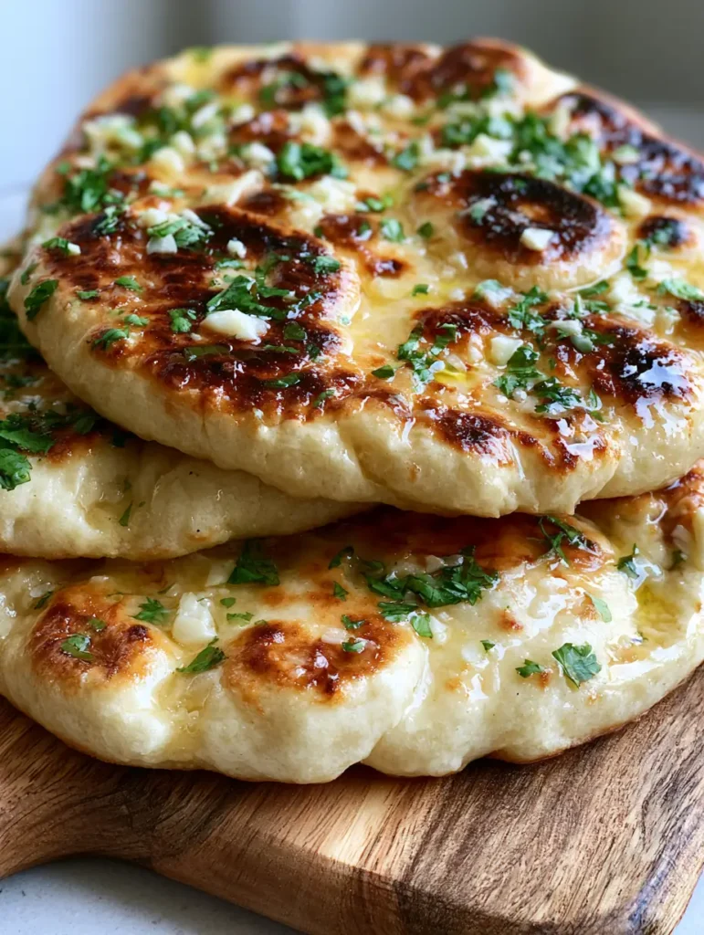 Close up of melted clarified butter and minced garlic on top of a charred Homemade Naan Bread Recipe.