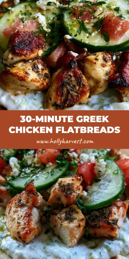 A single Greek Chicken Flatbread on a wooden board featuring golden-brown chicken, thick tzatziki, tomatoes, and feta.