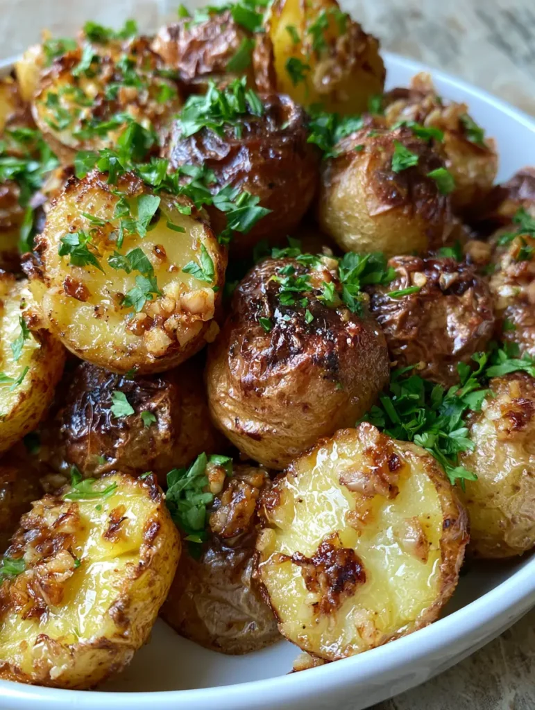 Halved Garlic Butter Potatoes served in a white dish with bright green parsley garnish.