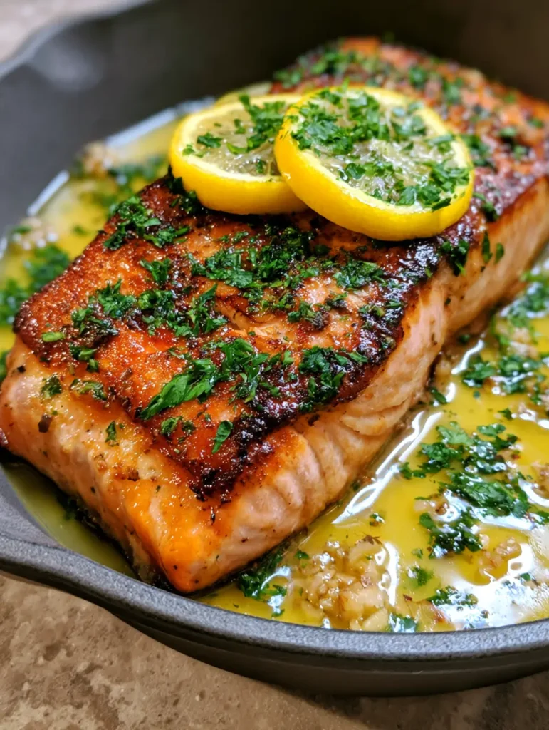 Lemon Garlic Butter Salmon: The Ultimate Crispy Pan-Seared Fillet 1 A thick center-cut salmon fillet bathed in lemon garlic butter sauce in a dark grey cast iron skillet.