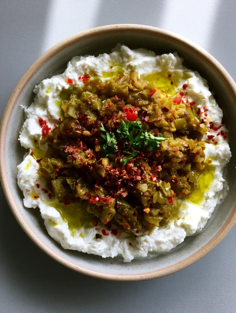 Green Olive Feta Dip: The Ultimate Creamy Mediterranean Appetizer 1 Handheld photo showing the chunky olive and red pimiento topping on a Green Olive Feta Dip.