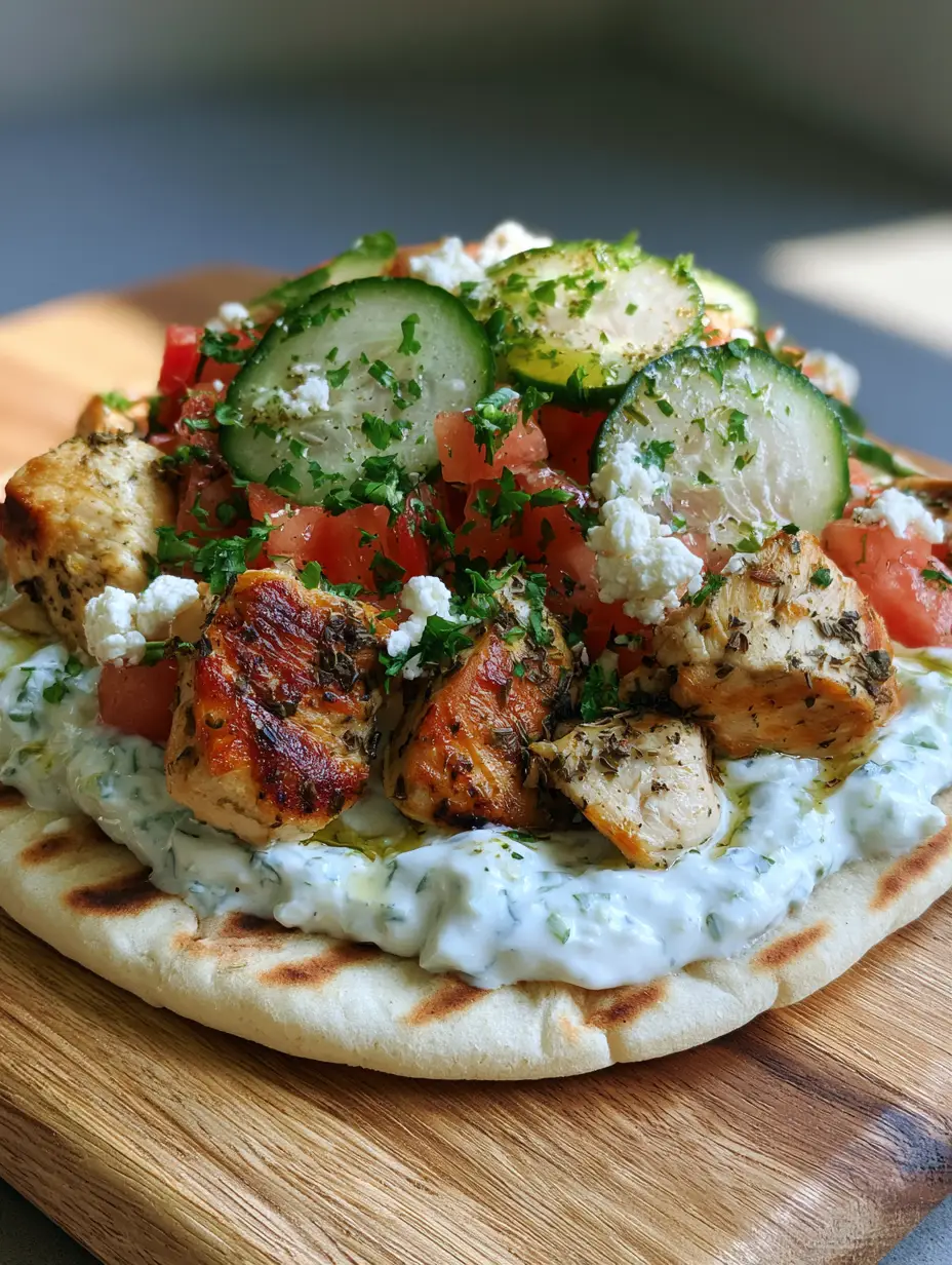 Close up of Greek Chicken Flatbread with visible char marks on the pita and creamy tzatziki sauce speckled with cucumber.