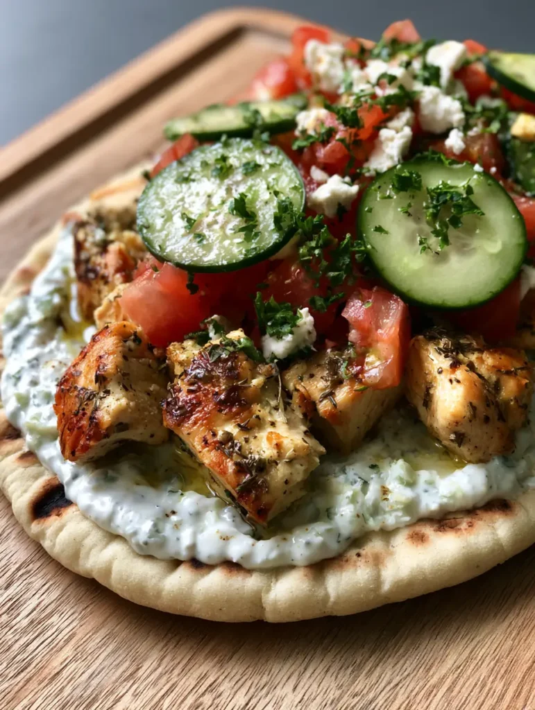 Greek Chicken Flatbread showing diced red tomatoes, thin cucumber half-moons, and white feta crumbles with a light olive oil drizzle.