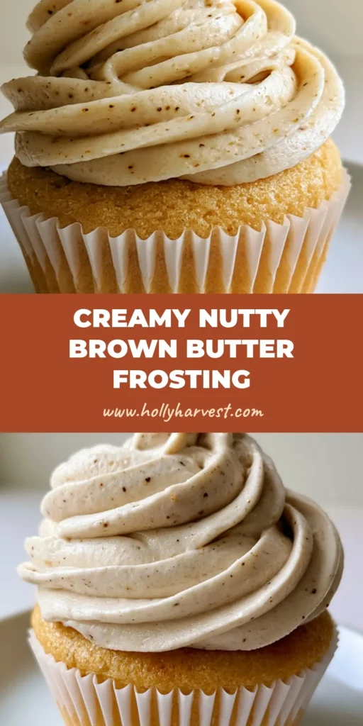 A tall, luscious swirl of brown butter frosting with visible toasted milk solids on a golden vanilla cupcake. (Brown Butter Frosting Recipe)