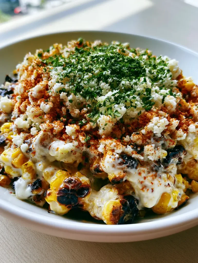 Close up of Mexican Street Corn Salad with a heavy sprinkle of green cilantro and reddish-orange chili powder. (Mexican Street Corn Salad)