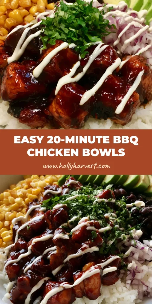 BBQ Chicken Rice Bowl: The Ultimate Easy Weeknight Dinner 4 A handheld smartphone photo of a white ceramic bowl containing a BBQ Chicken Rice Bowl with seared glossy chicken, corn, beans, and avocado.