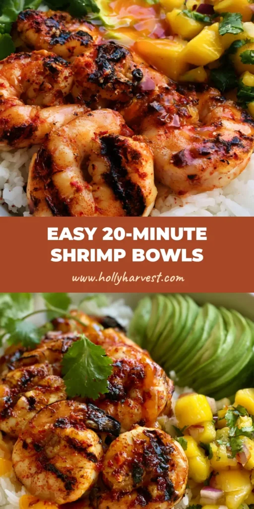 Shrimp and Avocado Bowls with Charred Chili Lime Glaze 3 A top-down view of a white ceramic bowl containing charred grilled shrimp, fanned avocado, and mango salsa. (Shrimp and Avocado Bowls)