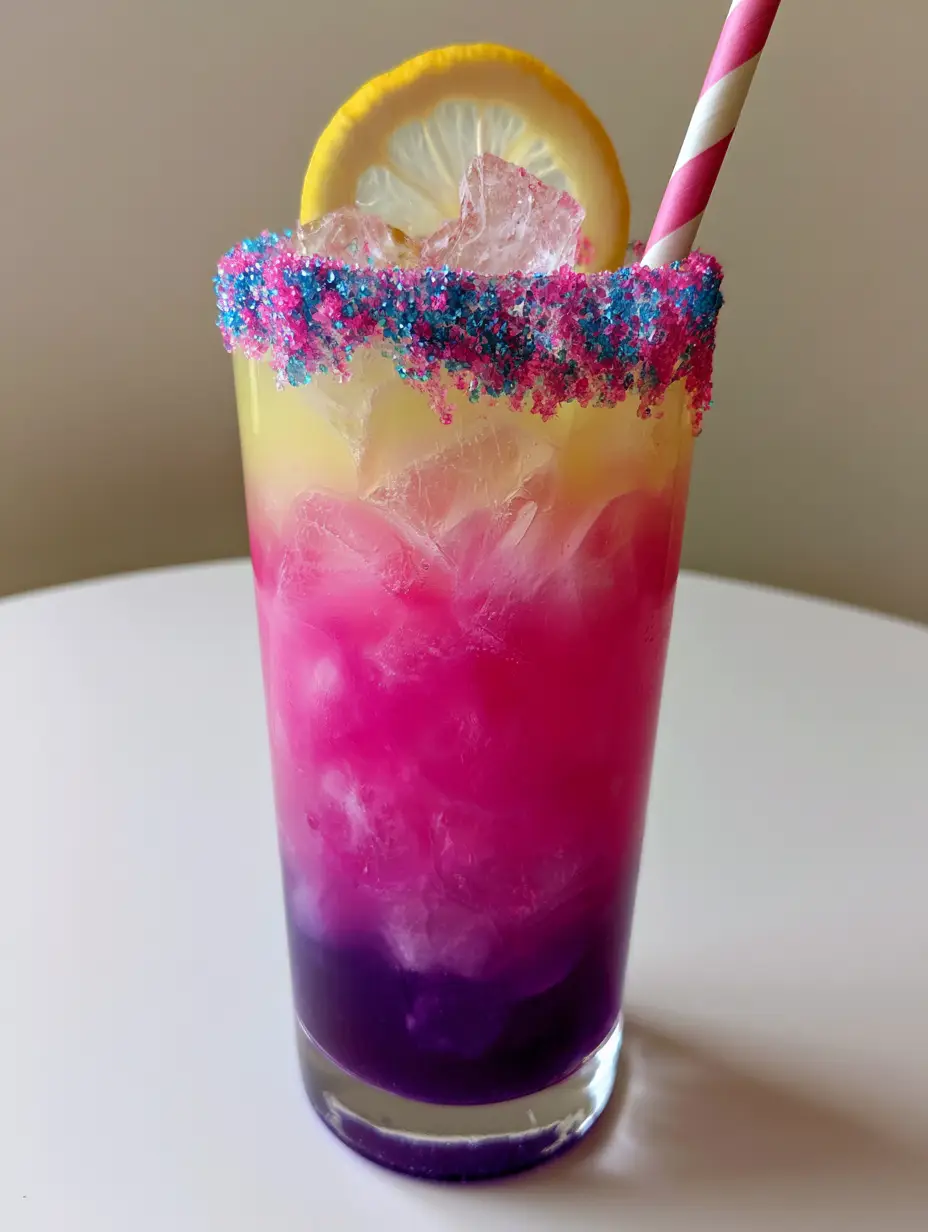 Unicorn Lemonade Recipe: A Vibrantly Layered Magical Refreshment 3 Close up of the jagged ice and iridescent pink and blue sugar rim on the Unicorn Lemonade Recipe.
