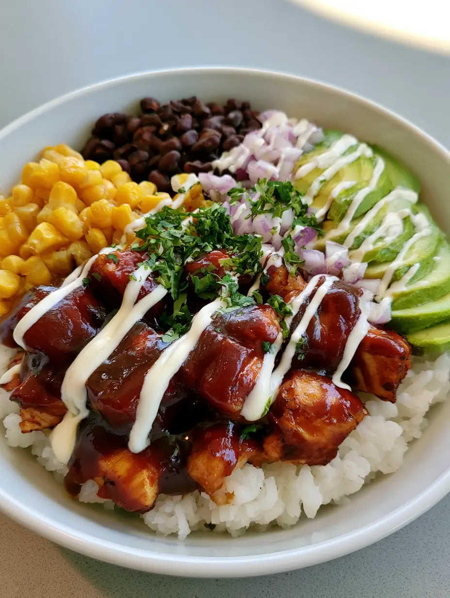 BBQ Chicken Rice Bowl: The Ultimate Easy Weeknight Dinner 3 Top-down view of a BBQ Chicken Rice Bowl showing the glossy dark brown chicken cubes and vibrant toppings.
