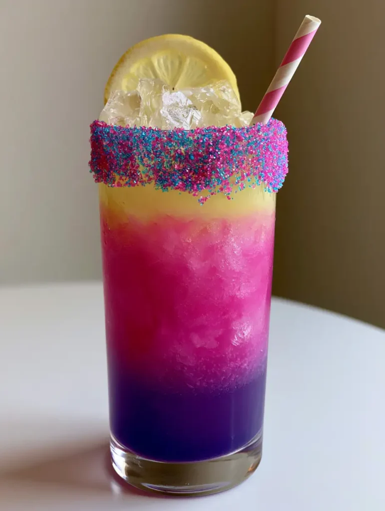Unicorn Lemonade Recipe: A Vibrantly Layered Magical Refreshment 1 Overhead view of a layered lemonade with a lemon wheel and pink striped straw.