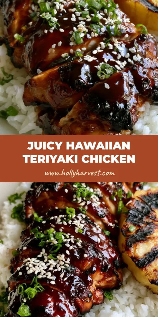 Hawaiian Teriyaki Chicken with Grilled Pineapple and Fluffy Rice 4 A professional plating of Hawaiian Teriyaki Chicken on a bed of rice with a grilled pineapple ring, garnished with sesame seeds and green onions.