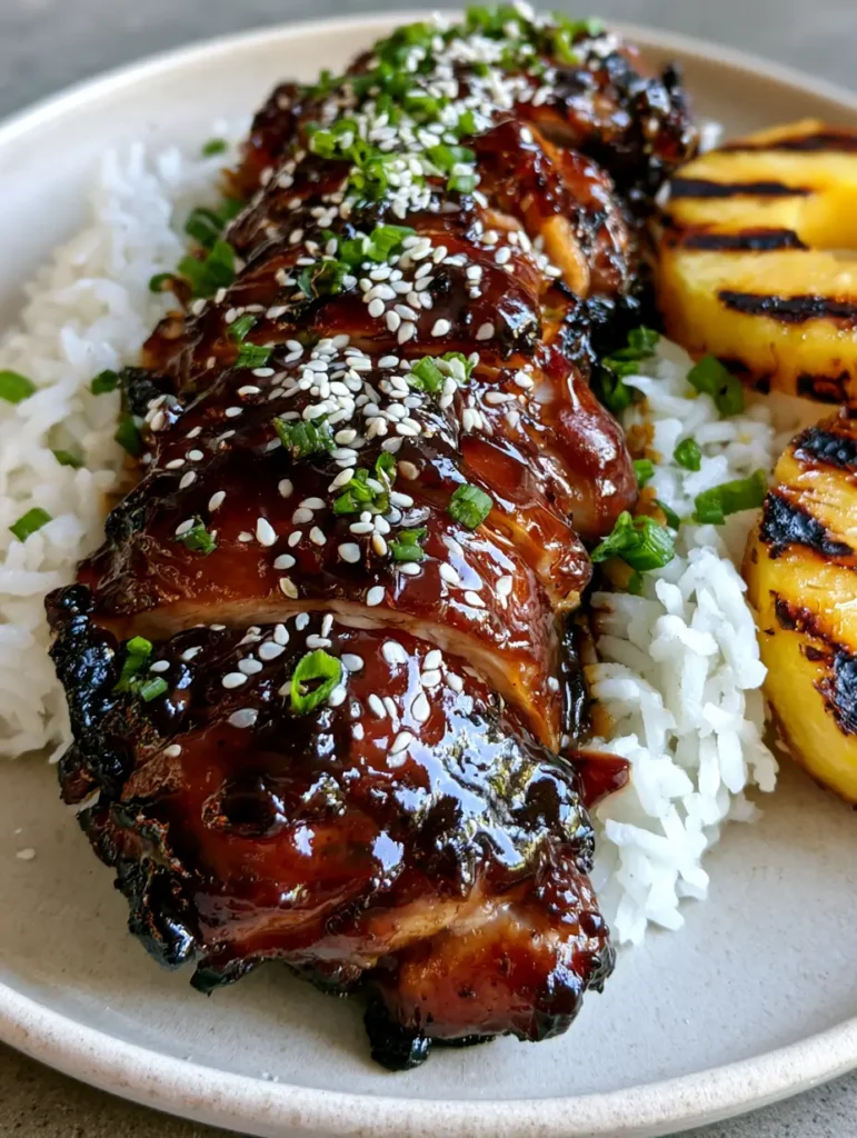 Hawaiian Teriyaki Chicken with Grilled Pineapple and Fluffy Rice 2 Close-up of sliced Hawaiian Teriyaki Chicken thighs with a thick glossy dark teriyaki glaze and charred edges.