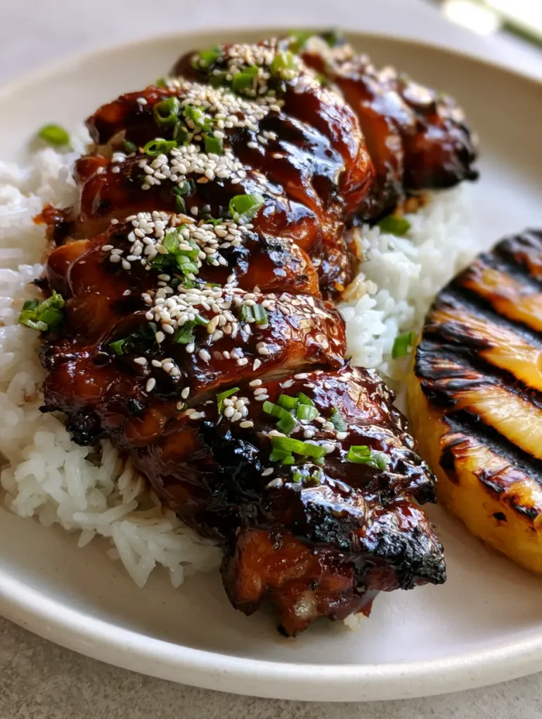 Hawaiian Teriyaki Chicken with Grilled Pineapple and Fluffy Rice 1 Grilled chicken thighs and a grilled pineapple ring with distinct sear marks on a matte off-white plate.