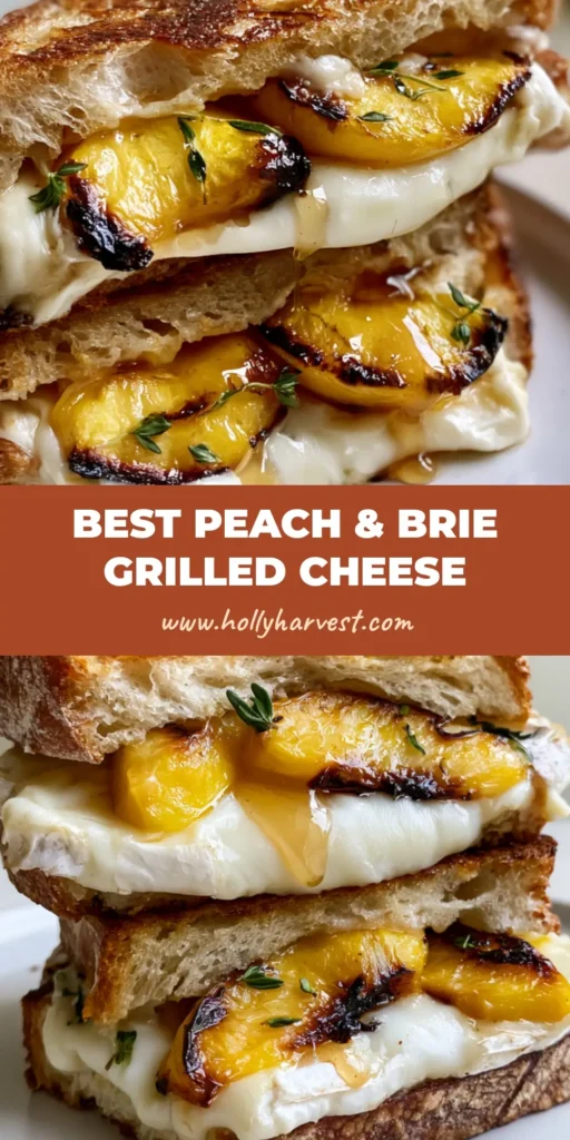 Peach and Brie Grilled Cheese with Caramelized Peaches and Thyme 4 A diagonal stack of Peach and Brie Grilled Cheese on a white plate featuring charred peaches and molten cheese.
