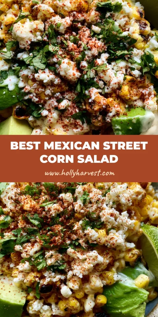 Mexican Street Corn Salad with Charred Corn and Creamy Lime Crema 4 A vibrant top-down shot of Mexican Street Corn Salad in a rustic bowl with charred corn, avocado, and cotija cheese.