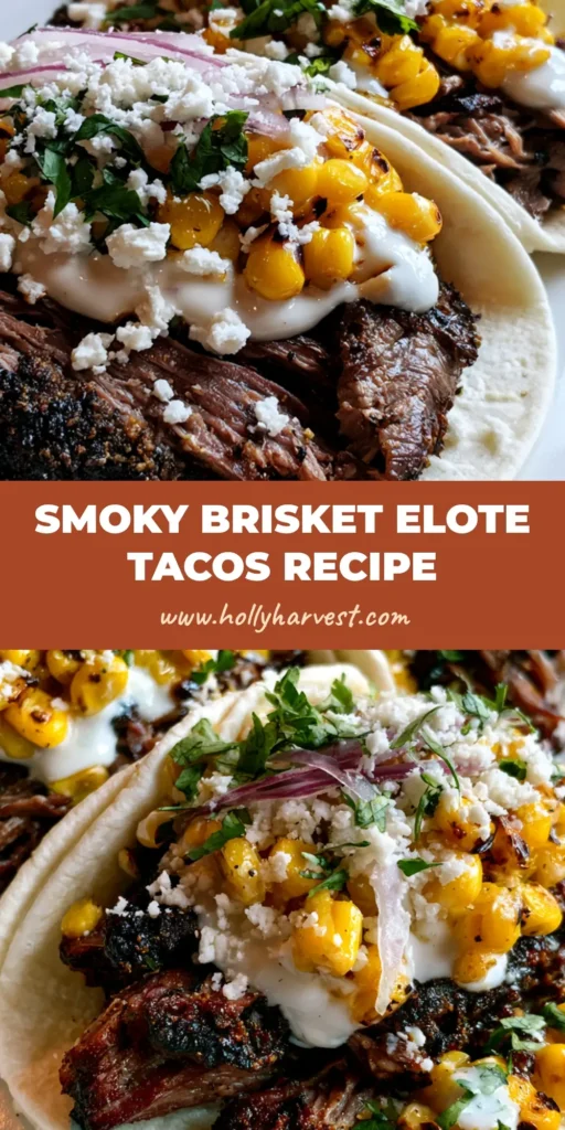 Three Brisket Elote Tacos on a white plate featuring shredded beef with dark bark, charred corn, white crema, and cotija cheese.