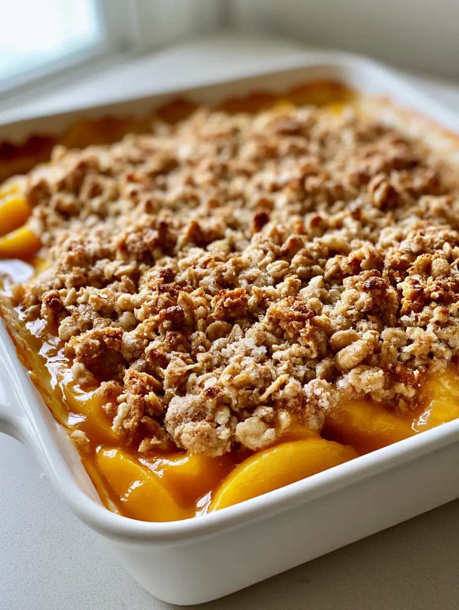 Peach Cobbler with Oatmeal Crumble: The Ultimate Buttery Crunch Recipe 3 Close-up of translucent amber peach syrup and toasted rolled oats in a Peach Cobbler with Oatmeal Crumble.