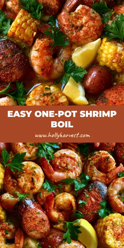 A flat lay spread of a traditional Shrimp Boil Recipe featuring succulent pink shrimp, charred andouille sausage, yellow corn rounds, and red potatoes dusted in Cajun seasoning.